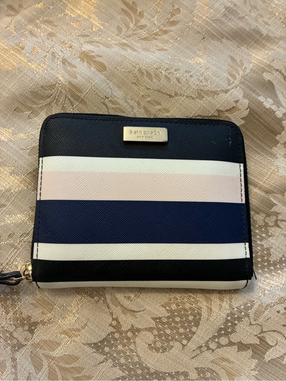 kate spade Navy, Blush, White & Black Striped Zip Wallet